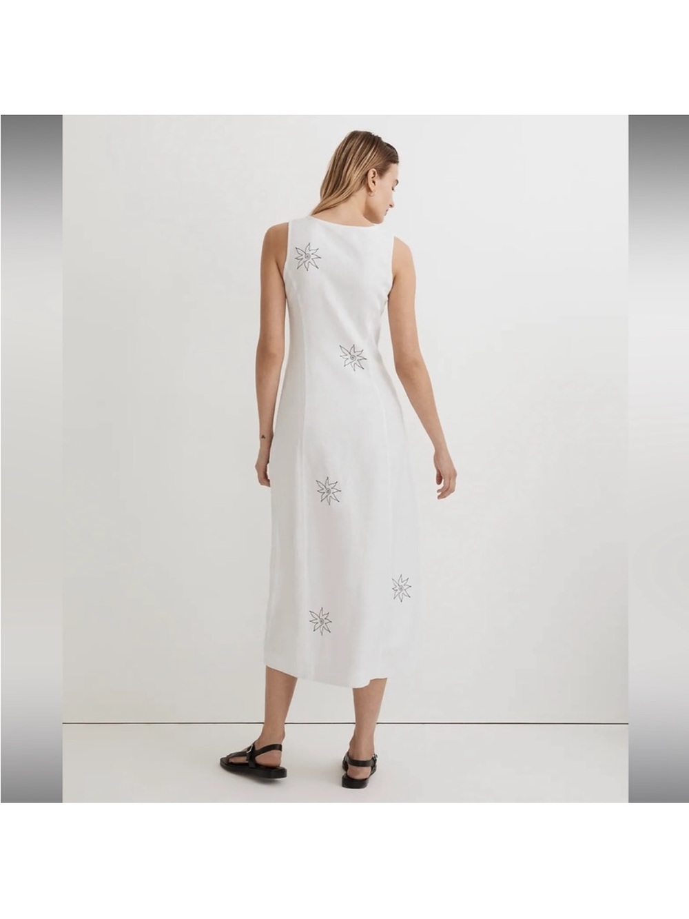 Madewell White Sleeveless Linen Dress with Embroidered